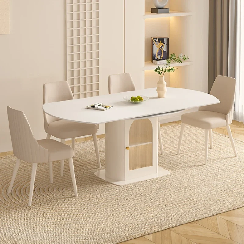 Stone Plate Dining Table round Table Modern Minimalist French Cream Style Retractable Dining Table and Chair Home