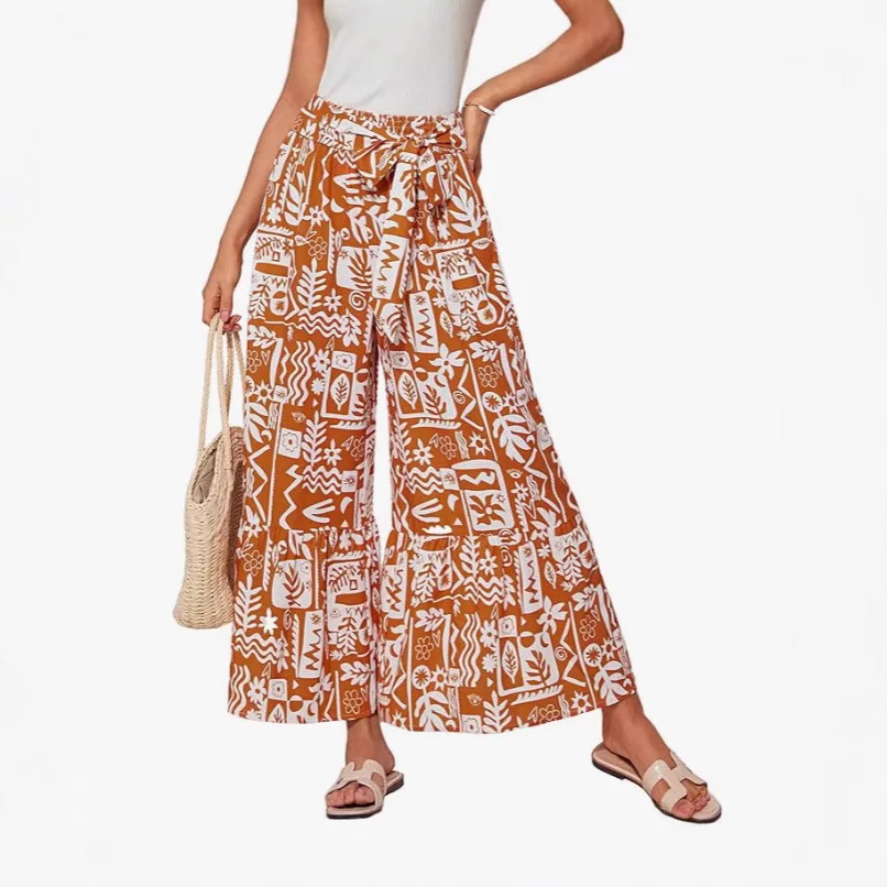 

Vintage Chic Women Floral Print Wide Leg Bohemian Happie Pants Ladies Sashes Loose Boho Long Pant Oversize
