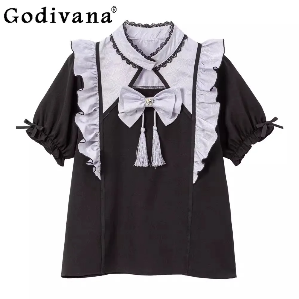 

Girly Sweet Cute Lolita Shirt Women Summer Elegant Chinese Style Tassel Sexy Short Sleeve Ruffles Edge Casual Blouses Top Mujer