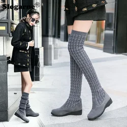 Women's Sock Boots 2024 Spring Autumn Thigh High Boots Woman Knitting Weave Wool Long Boot Over Knee Elastic Boots Wedges Bottes