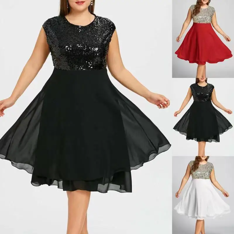 Women's Vestidos Fashion Chiffon Splicing Sequins Big Pendulum Party Dress Princess Style Sleeveless Sexy Elegant Casual New