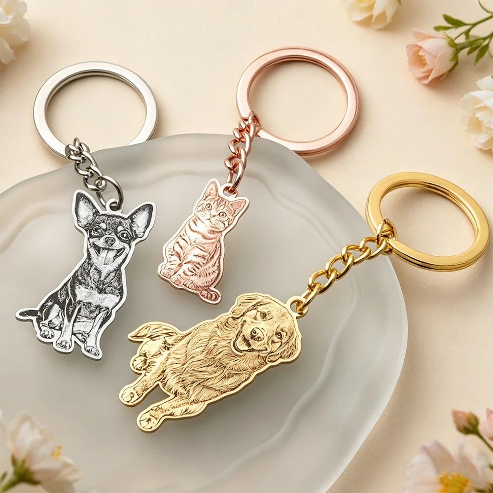 Custom Pet Photo Keychain Dog Photo Keychain Personalized Carved Pet Portrait Keychain Pet Lost Key Ring Pet Lost Memorial Gifts