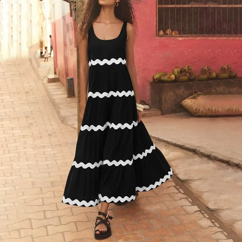 

Dresses Female Striped Flower Elegant A-line Lady Robe Print Strap Dress Women Sleeveless Backless High Waist Holiday Evening