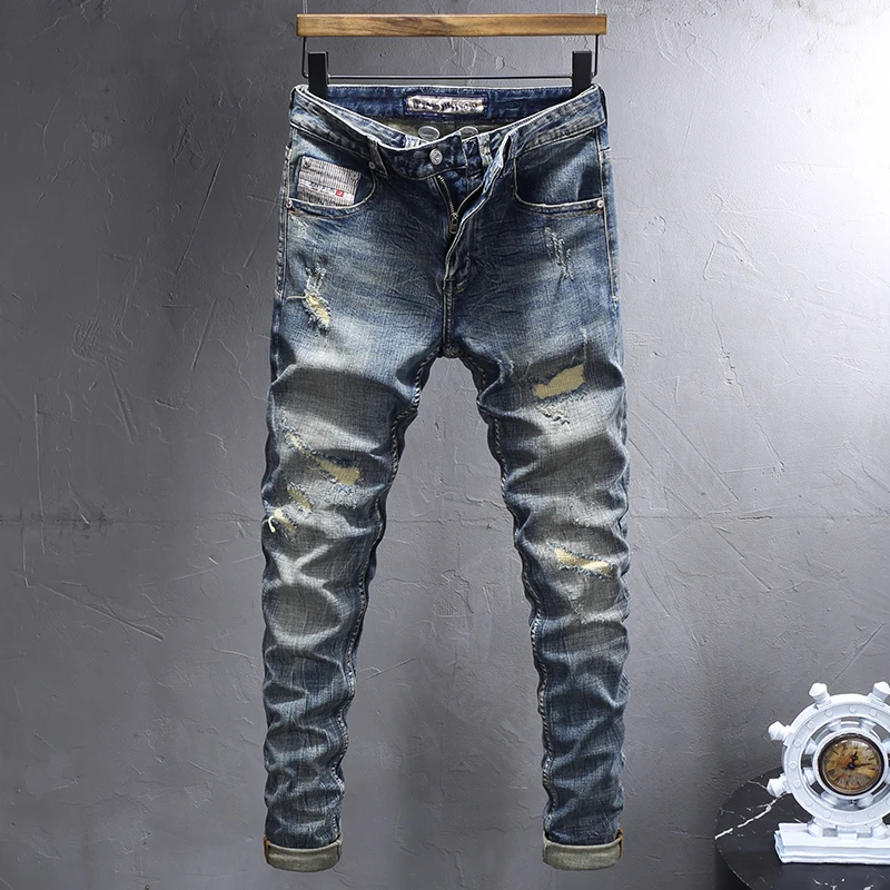 

Newly Designer Fashion Men Jeans Retro Blue Elastic Stretch Slim Ripped Jeans Men Patchwork Vintage Casual Denim Pants Hombre