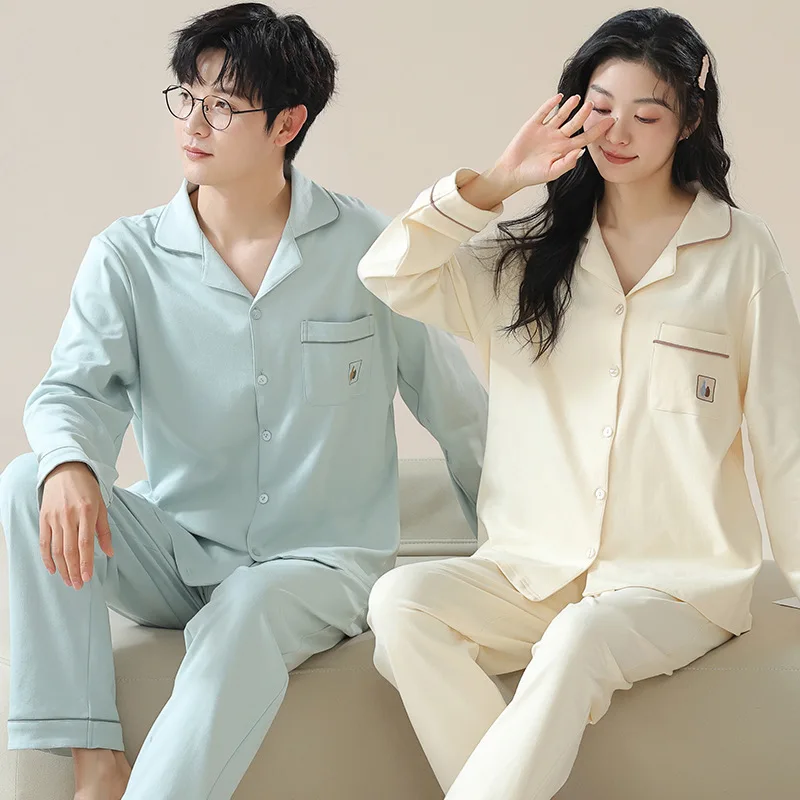 Solid Color Cotton Couple Pajamas Sets for Women Men Sleepwear Comfortable Homewear Autumn Spring Cardigan Loungewear Pijamas