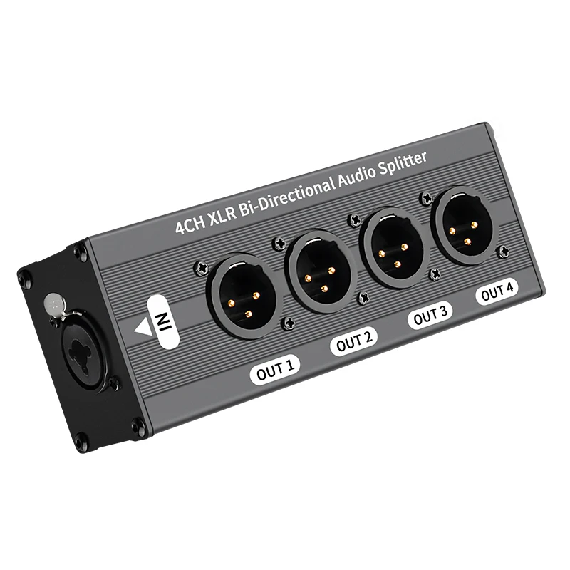 Rozdzielacz audio XLR 1X4, symetryczny, 3-pinowy, 1 wejście, 4 wyjścia, bez zasilania, do dystrybucji sygnału audio.