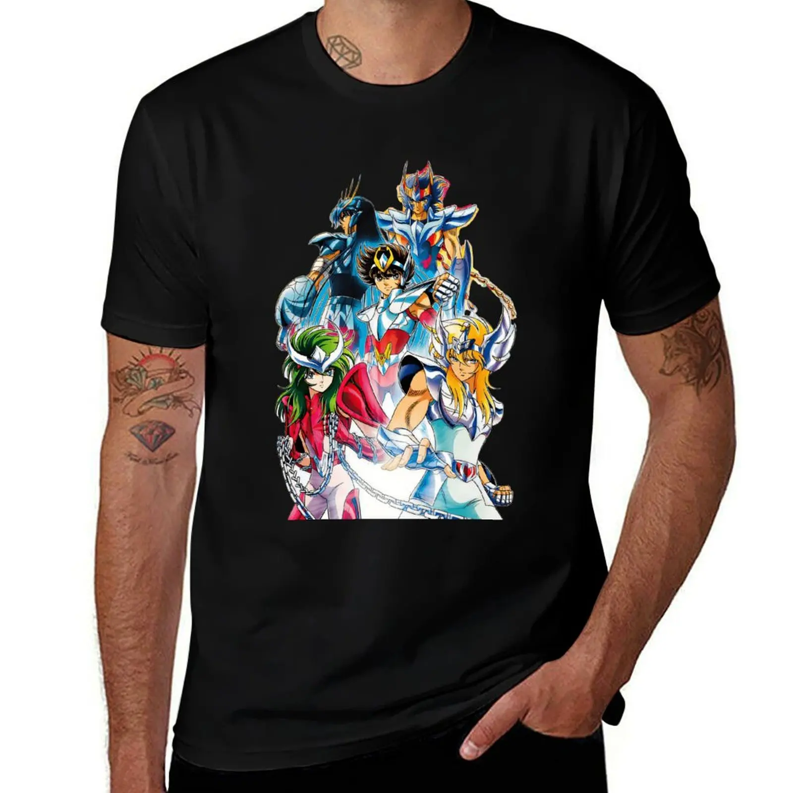 

Line Art T-Shirt Custom Print Vacation Style Tee Longline Saint Seiya Bronze Saint Gold Saint Seiya Shun Shiryu Hyoga Ikki