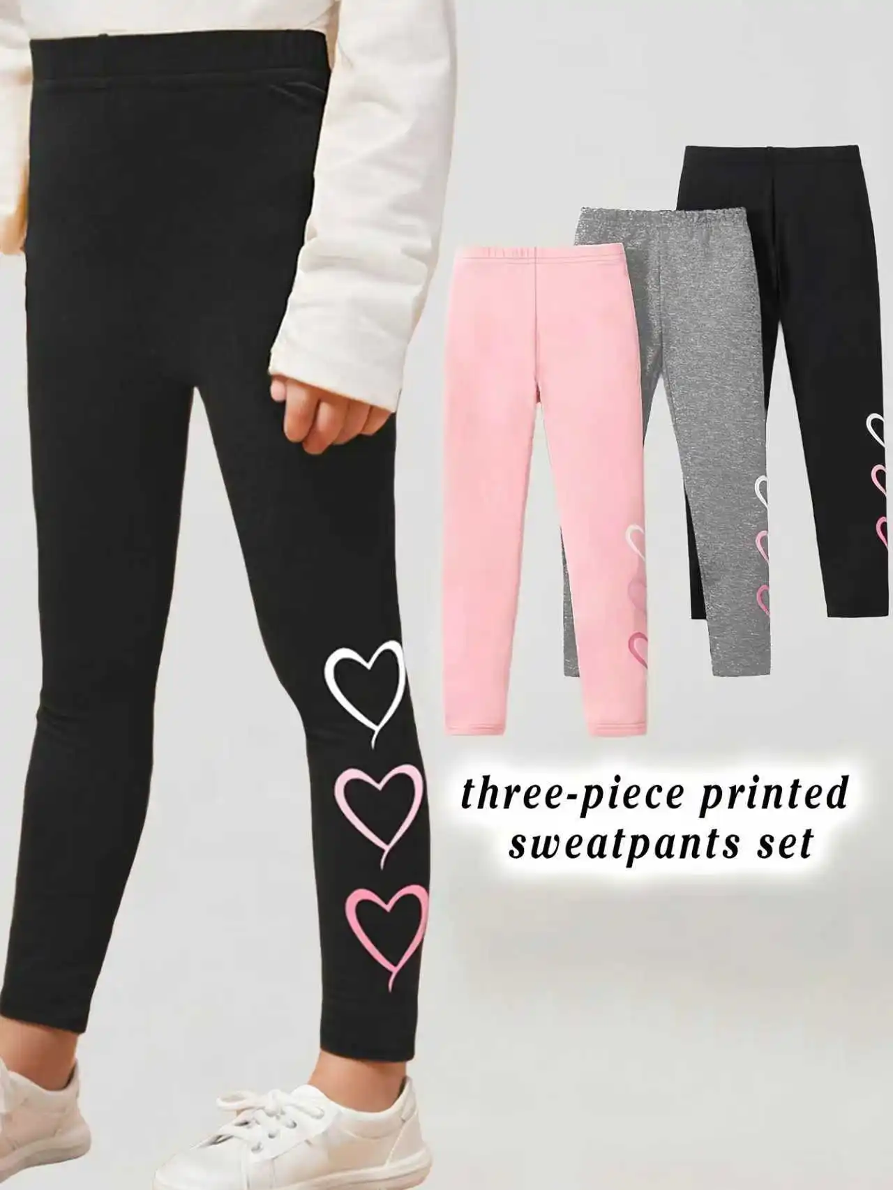 Ensemble de leggings à taille élastique pour filles, 3 pièces, imprimé cœur, doux, confortable, décontracté, pantalon d'école quotidien