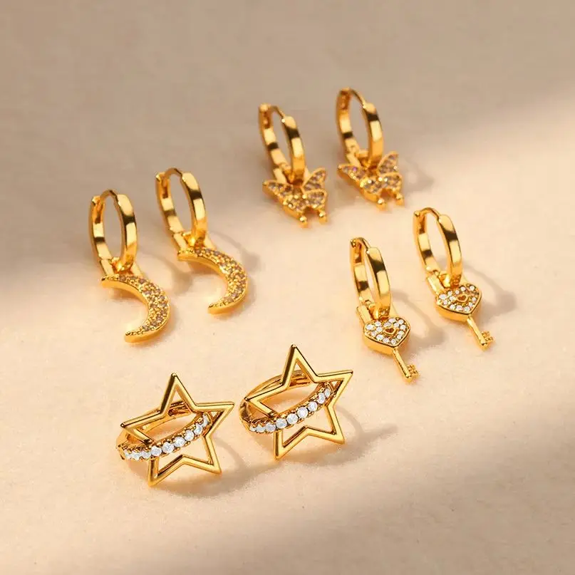 

Gold Color Crystal Zircon Butterfly Heart Ear Buckle Earrings for Women Star Moon Ear Stud Jewelry Wedding Party Jewelry Famale