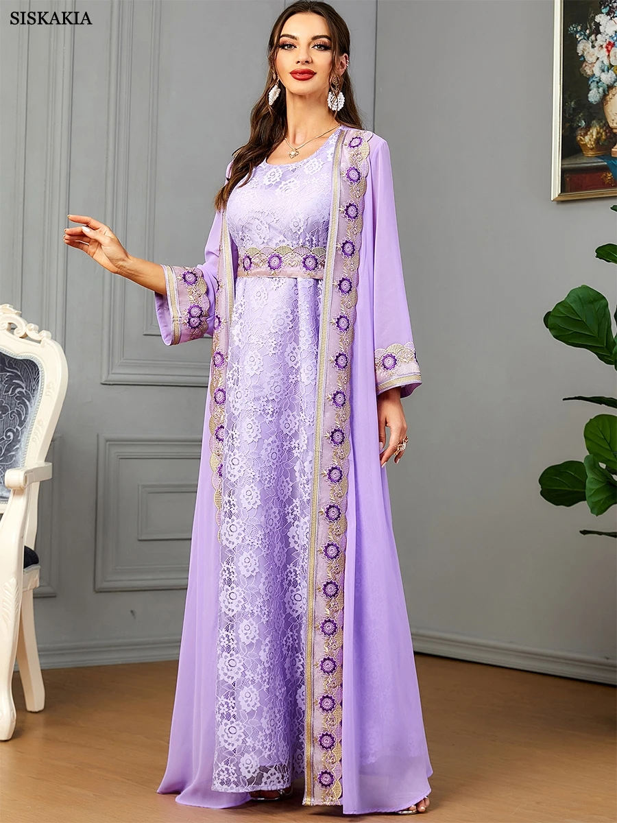 Siskakia Moroccan 2 Piece Abaya Set Jilbabs For Woman Chic Purple Chiffon Lace Tape Belted Arabic Gown Ramadan Musulmane Caftan