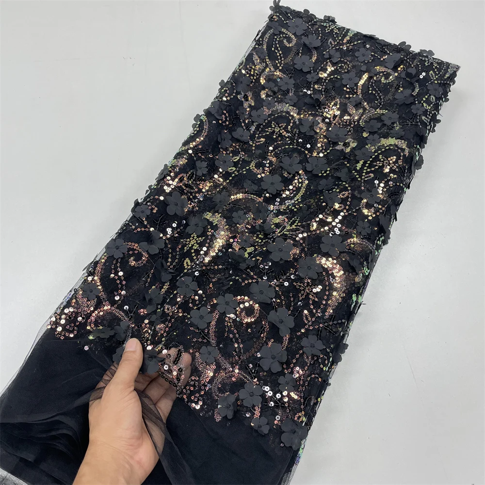 5yards 3D Flowers In Black French Lace Fabric 2024 High Quality Lace Net African Lace Fabric Lace Fabrics For Bridal wedding