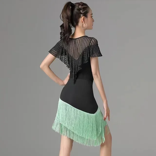 Sommer Quaste Latin Dance Wettbewerb Kleid Weibliche Mesh Streifen Rüschen Tango Rumba Leistung Bühne Kostüm Praxis Tragen