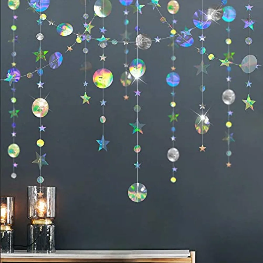 Iridescent Party Decorations Holographic Star Garland Hanging Stars Moon Streamer Galaxy Birthday Decorations Ramadan Eid Banne