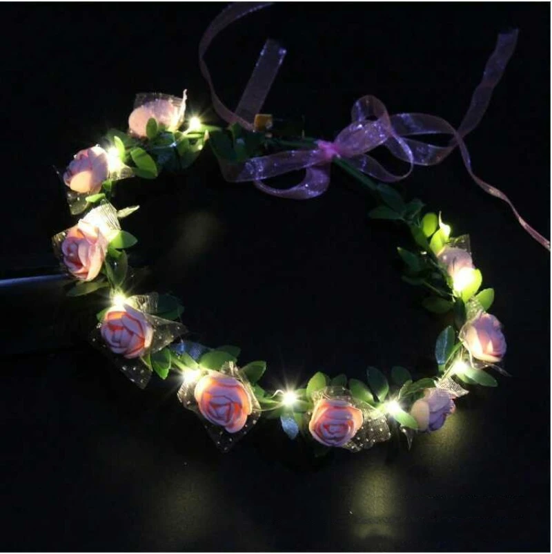 Festive Garland Forest Women's Rattan Rose Luminous LED Flower Wreath Headband Hair Accessory