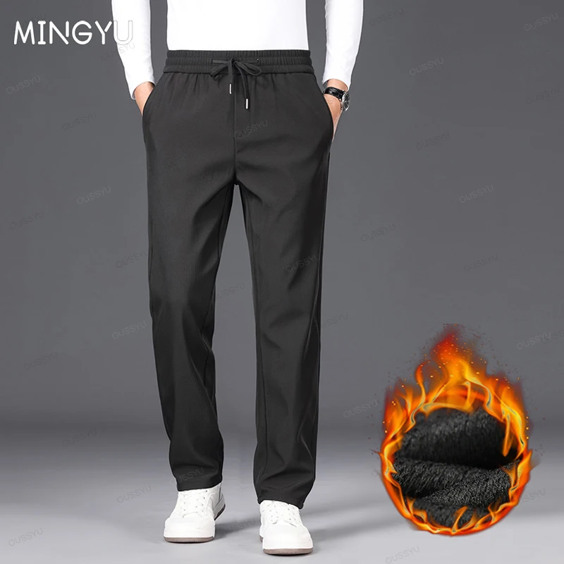 2024 New Winter Fleece Warm Casual Pants Men Business Drawstring Elastic Waist Outdoors Jogging Straight Flocking Trousers Male