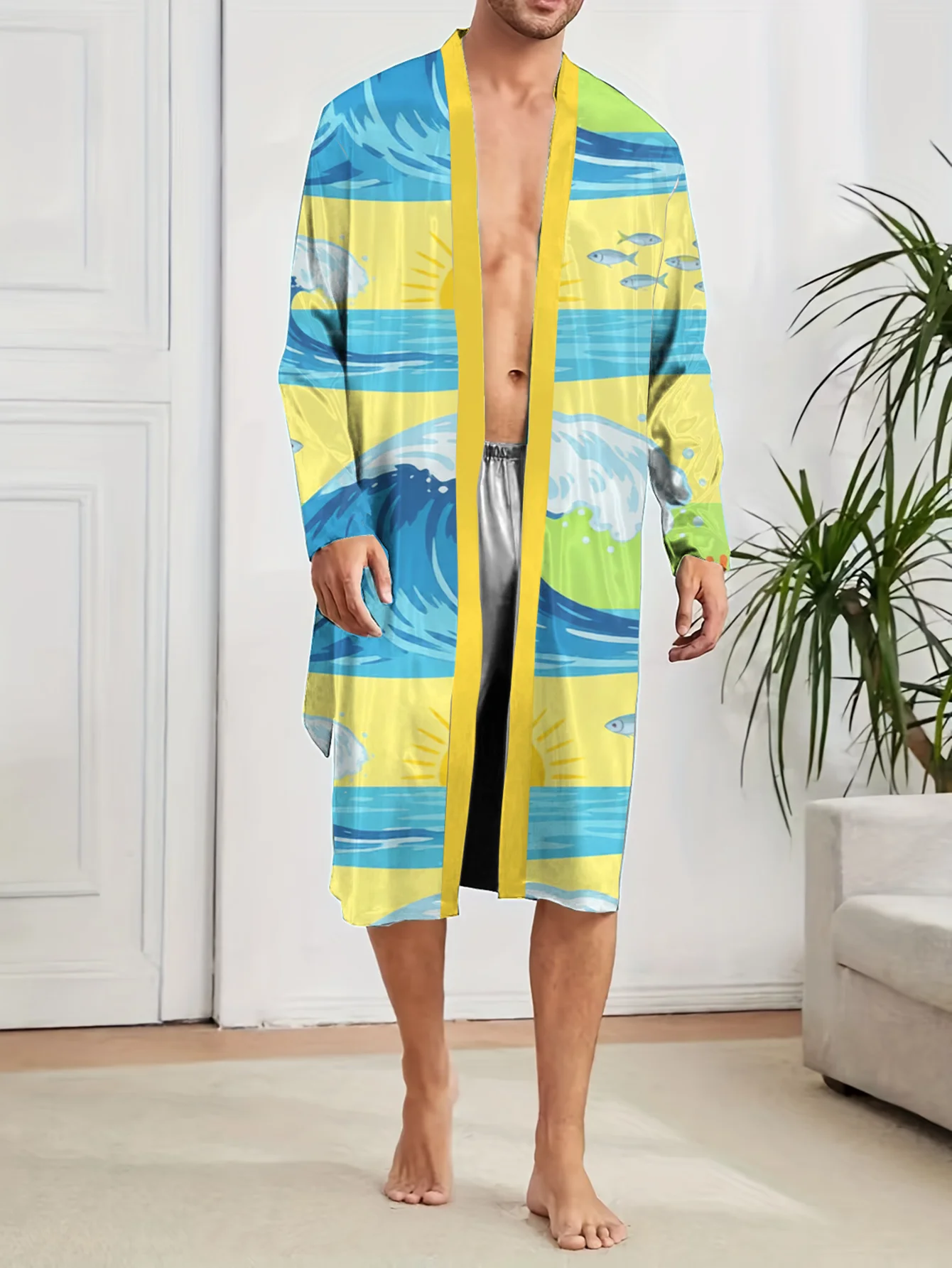 Men's digital printed robe, spring and autumn quick drying casual home bathrobe, comfortable and fun long style.