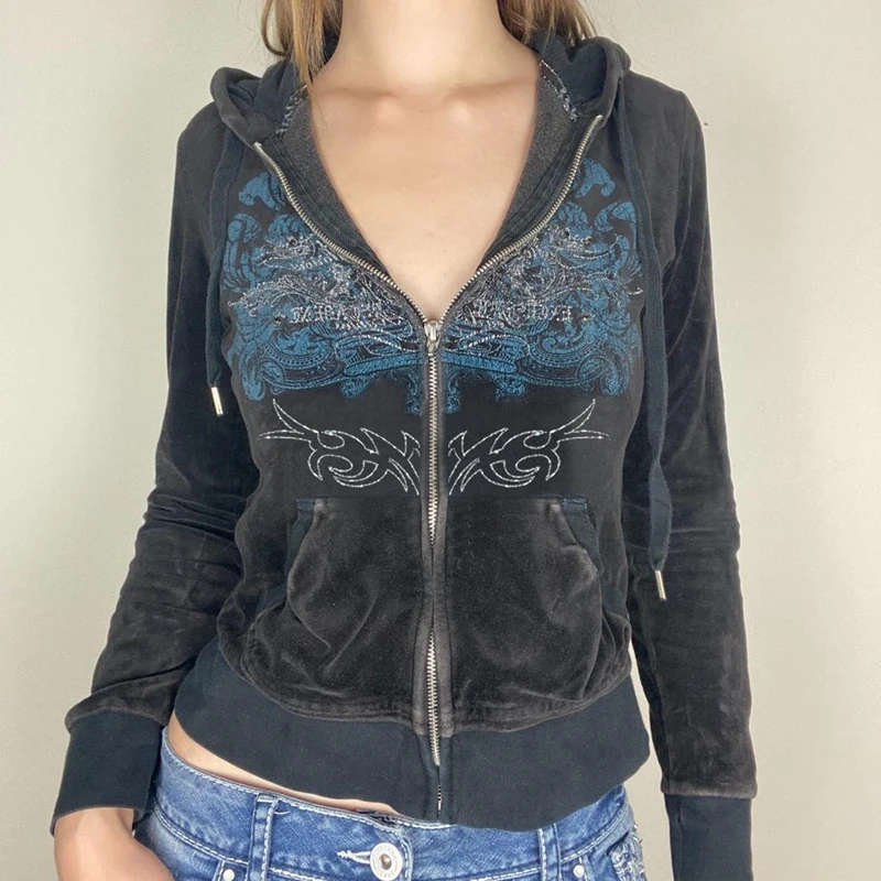 

Embroidery Graphic Pattern Zip Up Hoodies 2000s Retro Grunge Mall Goth Jacket Y2K Aesthetic Vintage Slim Sweatshirts Autumn Coat