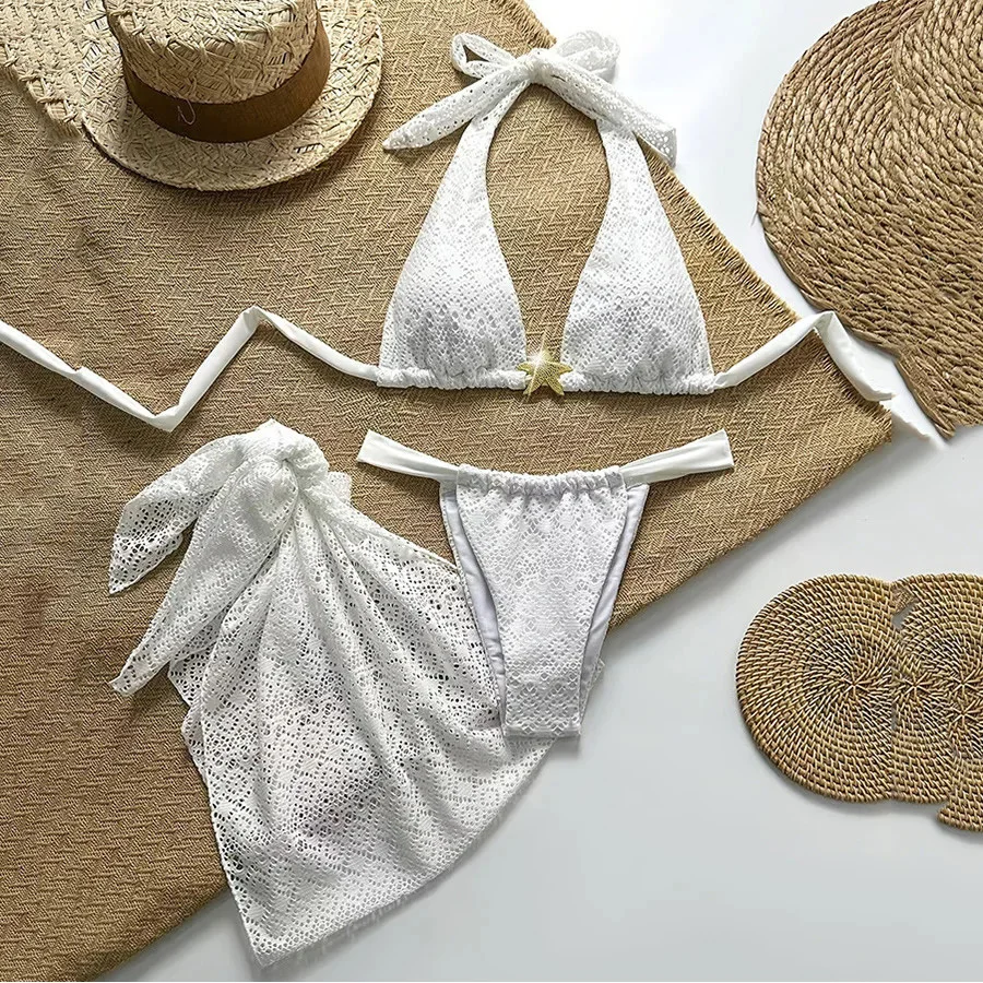

Metal Starfish Sexy Halter Bikinis-sets 3 Piece 2026 White Mesh Swimwear Cover Ups Micro Thong Sexy Swimsuit Women Bikini Mujer