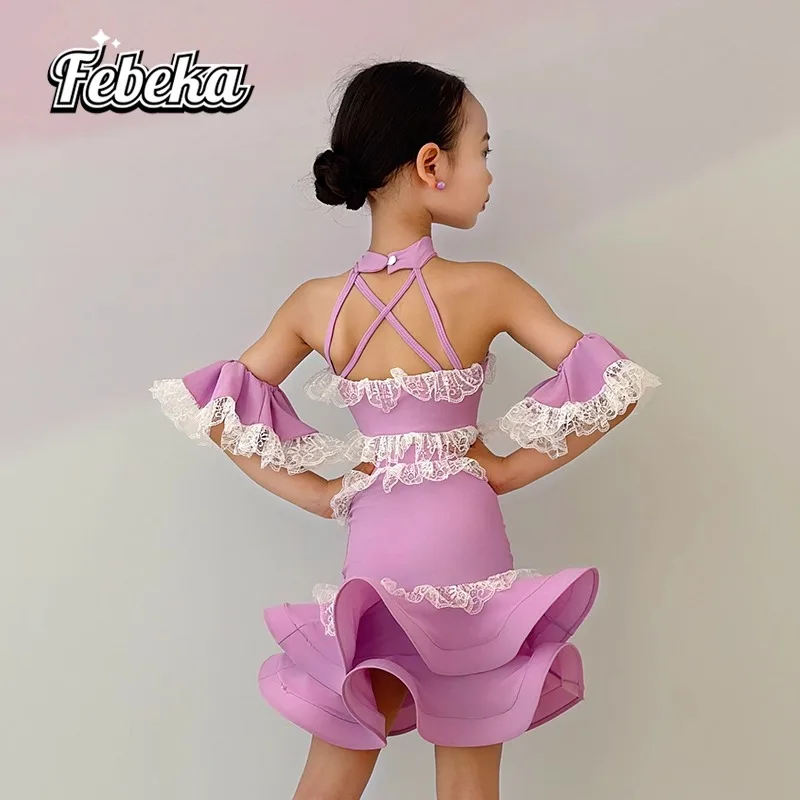 Robe de danse latine personnalisée pour filles, jupe d'entraînement, costume de performance de compétition pour enfants, robe fendue, ensemble 2 pièces