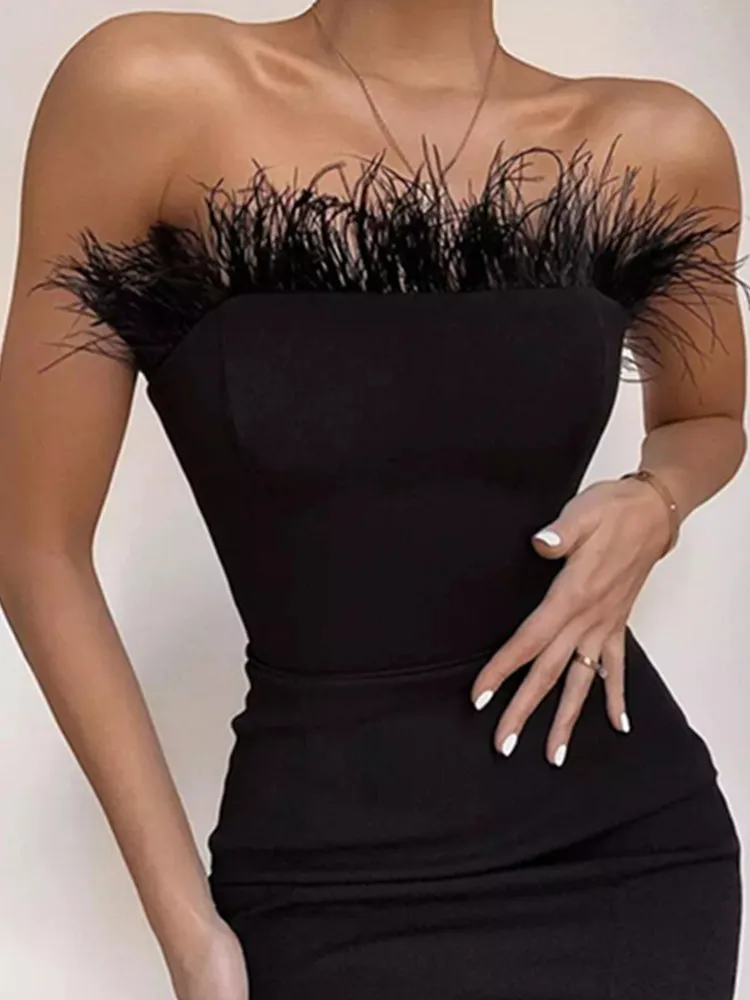 

PuTao Cocktail Dress Backless Feather Black Midi Women Bodycon Bandage Dress 2024 Designer Fashion Party Club Dress Vestido