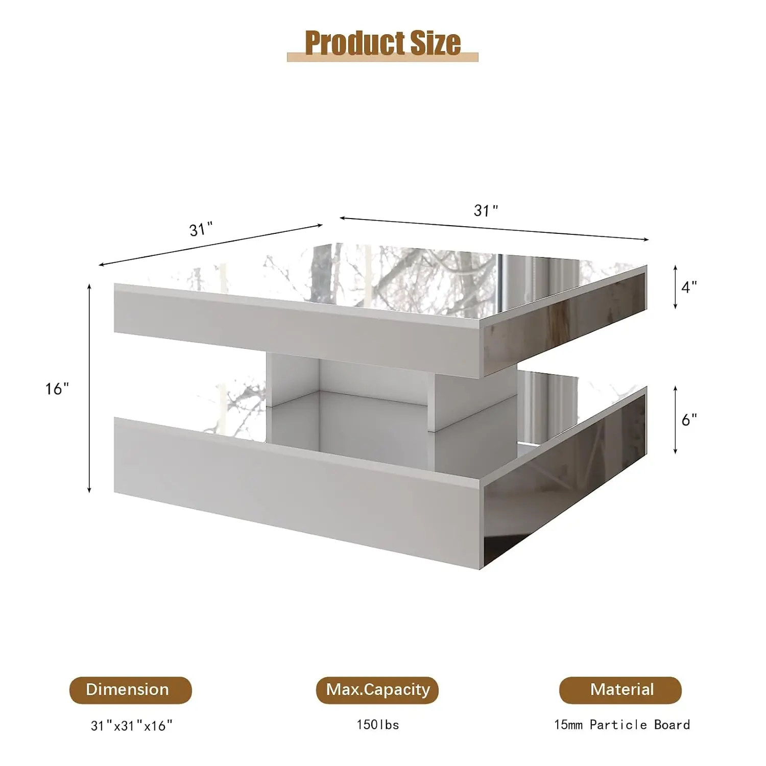 Mid Century LED Coffee Table with Storage Shelf 2-Tier Square for Living Room Apartment Office Bedroom, Customized