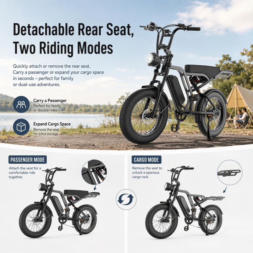 20 Inch Fat Tire Electric Bike for Adults, 1000W Motor 48V 15Ah Lithium Battery Dual Disc Brake E Bike with Dual Suspension & Detachable Rear Seat image 6