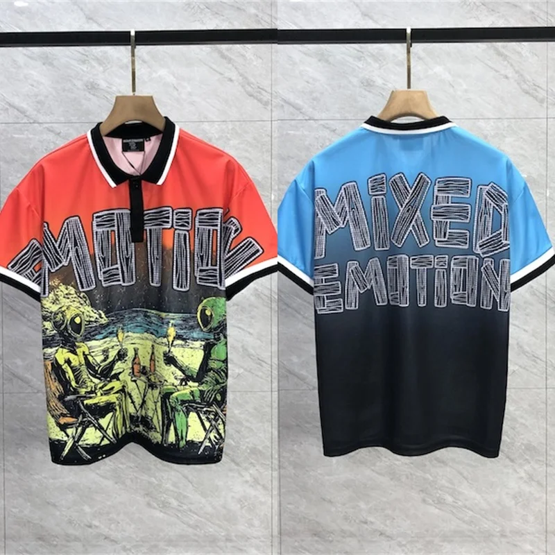 

V-neck Button ME Mixed Emotion T-shirt Alien Racing Digital Print Short-sleeved Polo Shirt Men Women Casual Tops