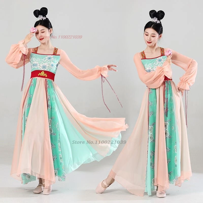 

2025 ancient chinese vintage dance dress national flower print chiffon hanfu tops+skirt festival folk dress stage performance
