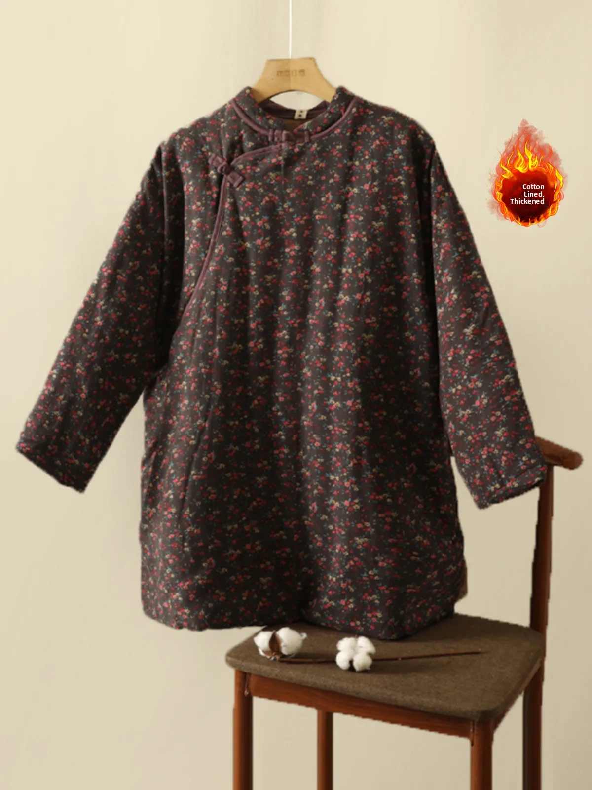 

Women's Loose Stand Collar Thickened Cotton Jacket Floral Embellished Buttoned Mid-Length Open-Fronted Coat Retro Style