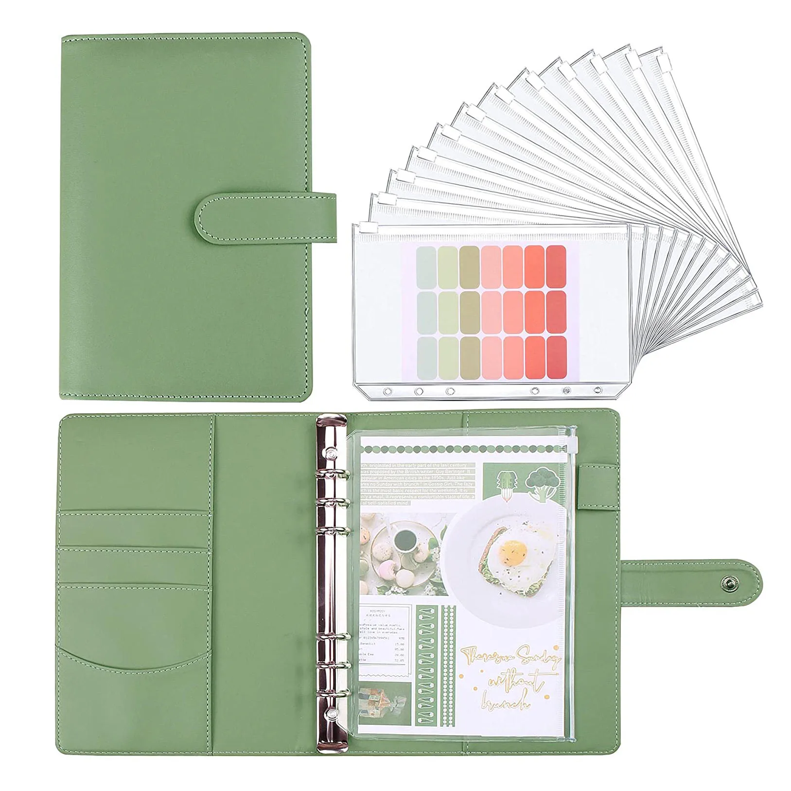 A5 PU Leather 6 Ring Binder Budget Planner Organizer with 12PCS Binder Pockets Cash Envelopes System,for Budgeting,Money Saving