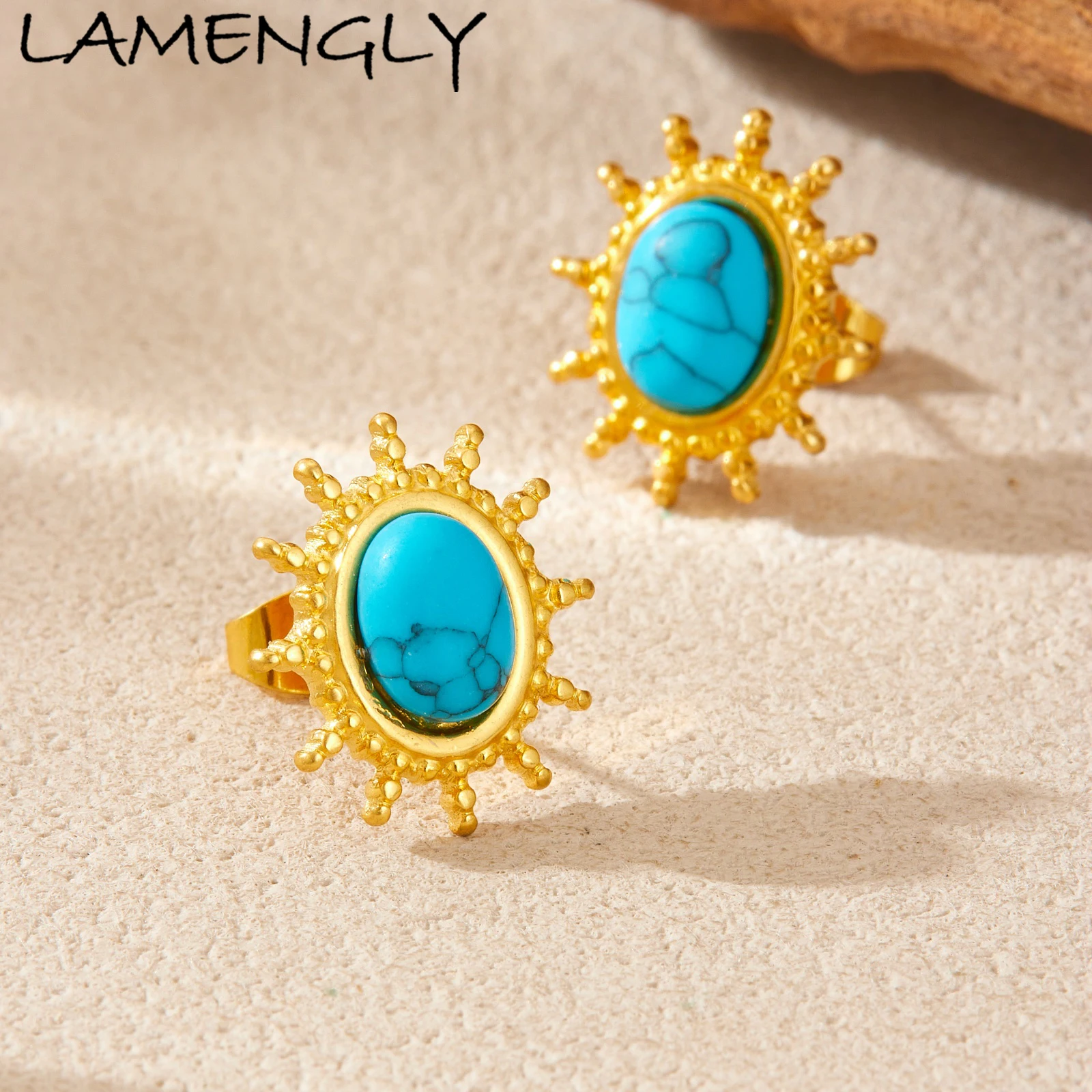 LAMENGLY 316L Stainless Steel Blue Turquoise Inlay Oval Vintage Pattern Earrings Women Ethnic Style Ear Studs Waterproof Jewelry