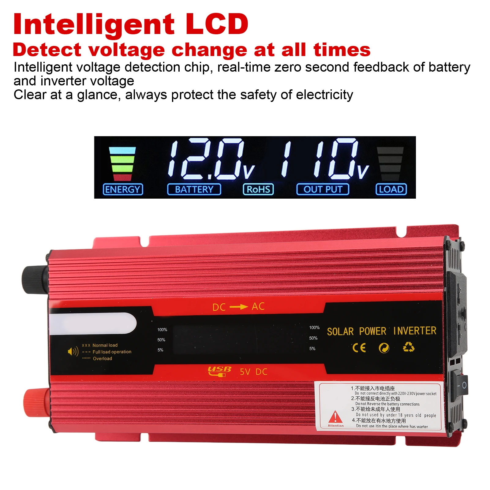1PC Red Modified Sine Wave Power Inverter 12V 24V to 220V Car Converter with Universal Outlet USB Charging Port LCD Display