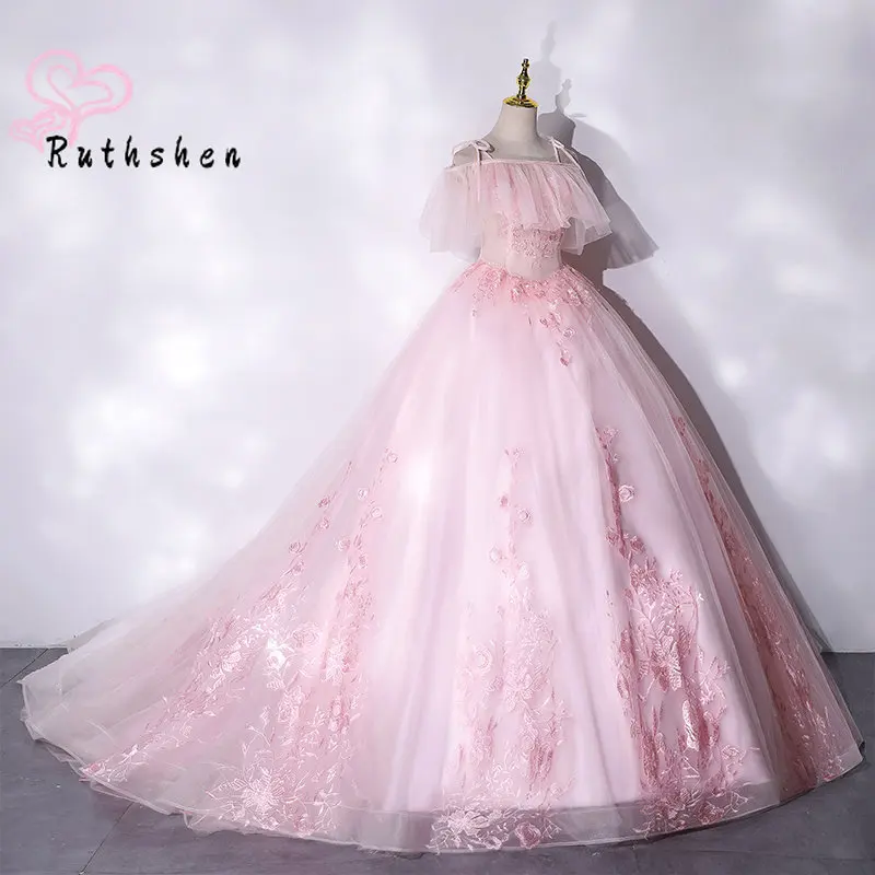 Robe De soirée rose à épaules dénudées, transparente, avec des Appliques en dentelle, bouffante et Sexy