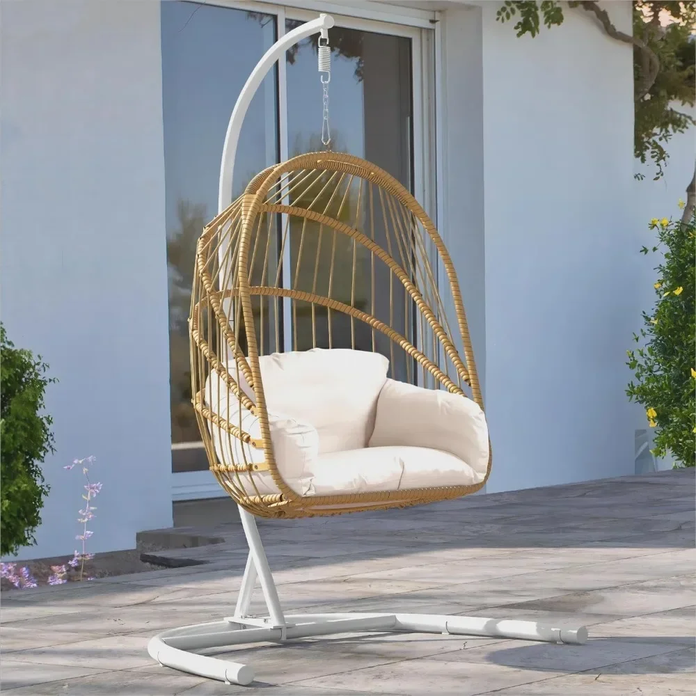 Chair Beach Wicker Swing Egg Chair With Cushions 370lbs Indoor Hanging Lounger Patio Bedroom - Beige Outdoor Swing Terrace