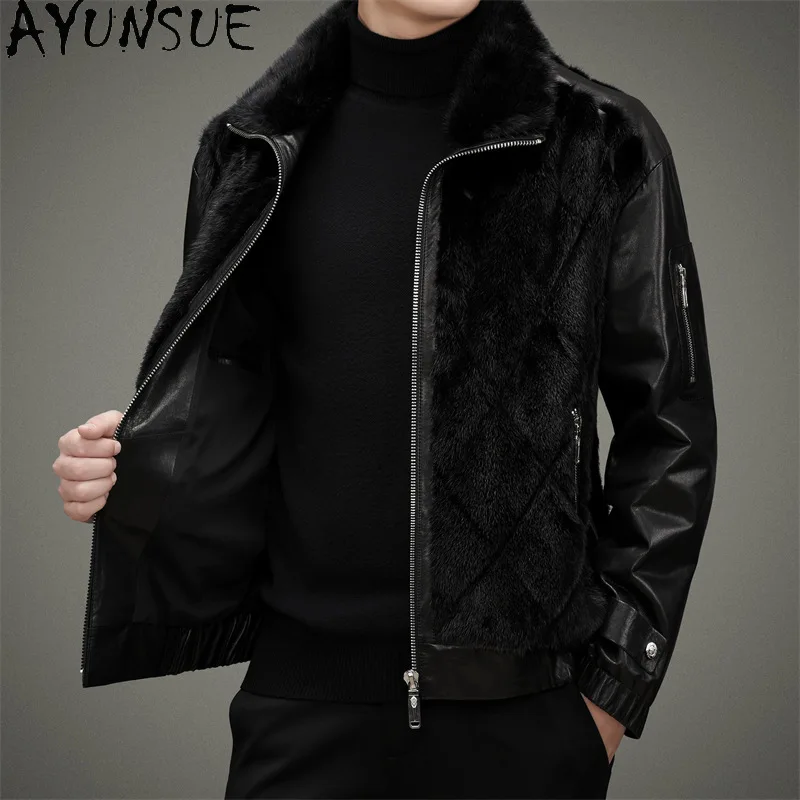 AYUNSUE New Genuine Leather Jacket Men Real Sheepskin Jackets for Men Natural Mink Fur Leather Jacket Fashion Chaquetas Hombre