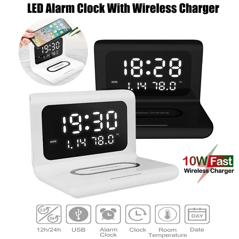 

3 in 1 10W Phone Wireless Charger Multi-function LED Desktop Clock Charging Calendar Wireless Chargers For Iphone Huawei
