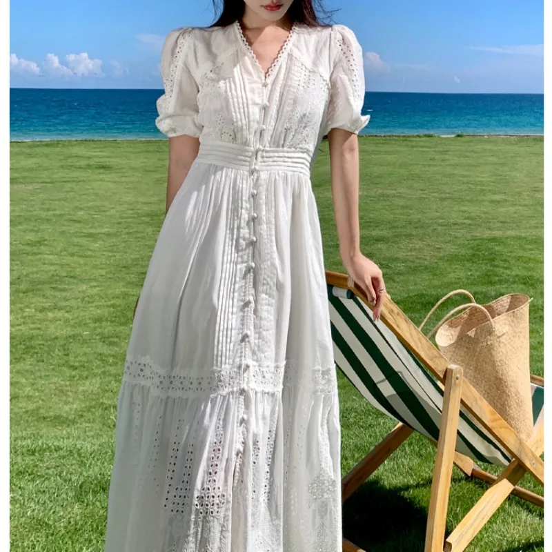 Boho White Single-breast Dress Women Summer Vintage Women's Clothing V-neck Puff Sleeve Elegant Dress Bodycon Hollow Out