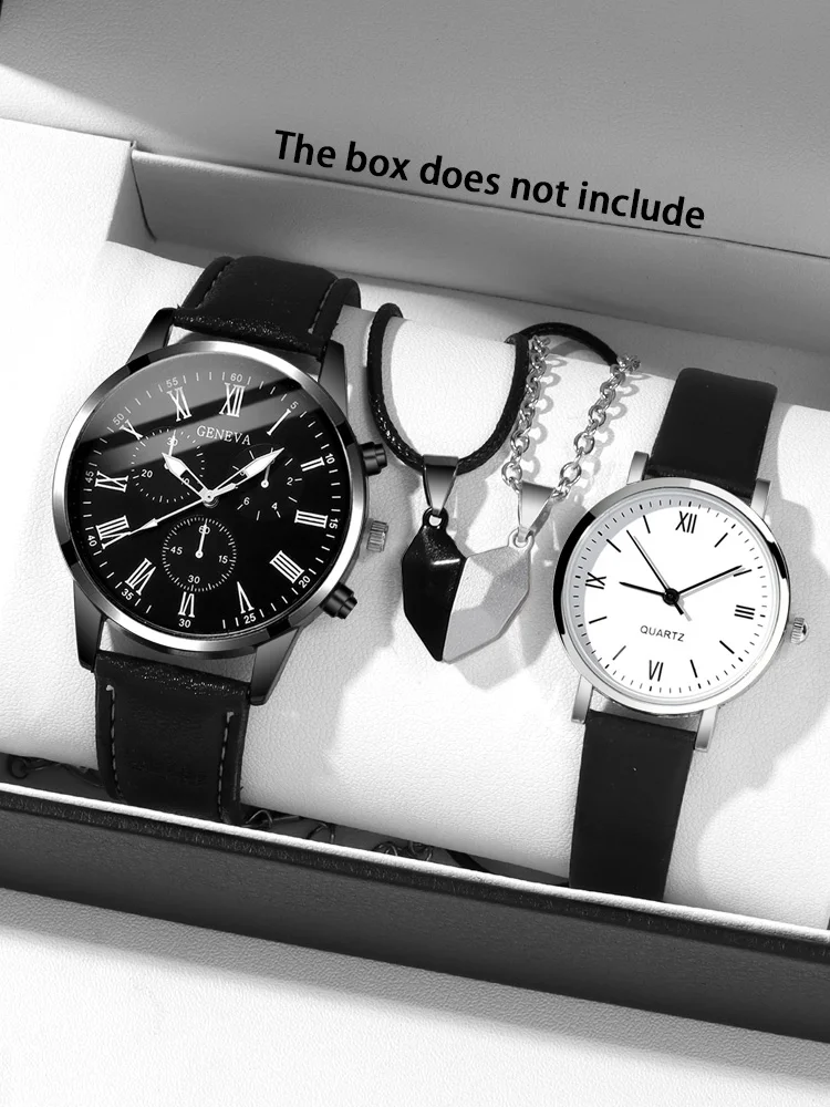 4pcs Fashion, Personalized and Creative Men and Women\'s Couple Belt Quartz Watch Paired with Love Pendant Necklace Combination S