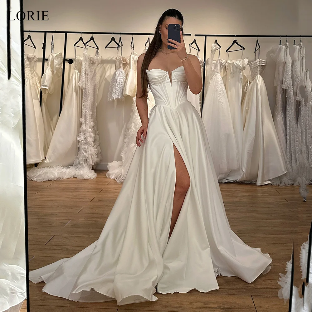

LORIE Elegant Satin Strapless Wedding Dresses Draped A-Line Side Slit Bride Prom Gown Floor-Length Bridal Gowns Customized