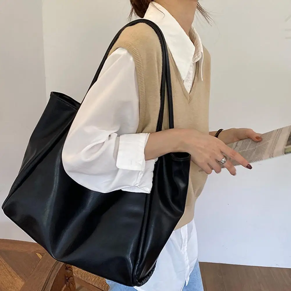 Female Big Soft Leather Satchel Bag Classic Solid Color Casual Large Simple Single Shoulder Shopper Totes Tote Fashion Capa Y2E5