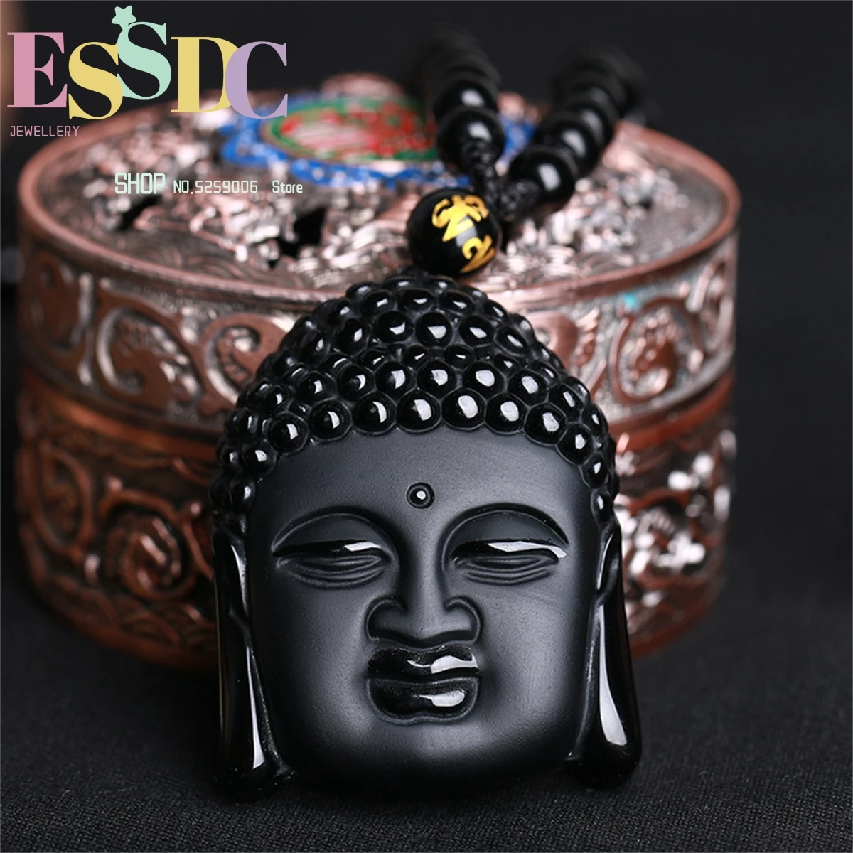 

Fashion Religious Buddha Head Tathagata Natural Obsidian Lucky Prayer Blessing Pendant Necklace Women Men Jewelry Sweater Chain