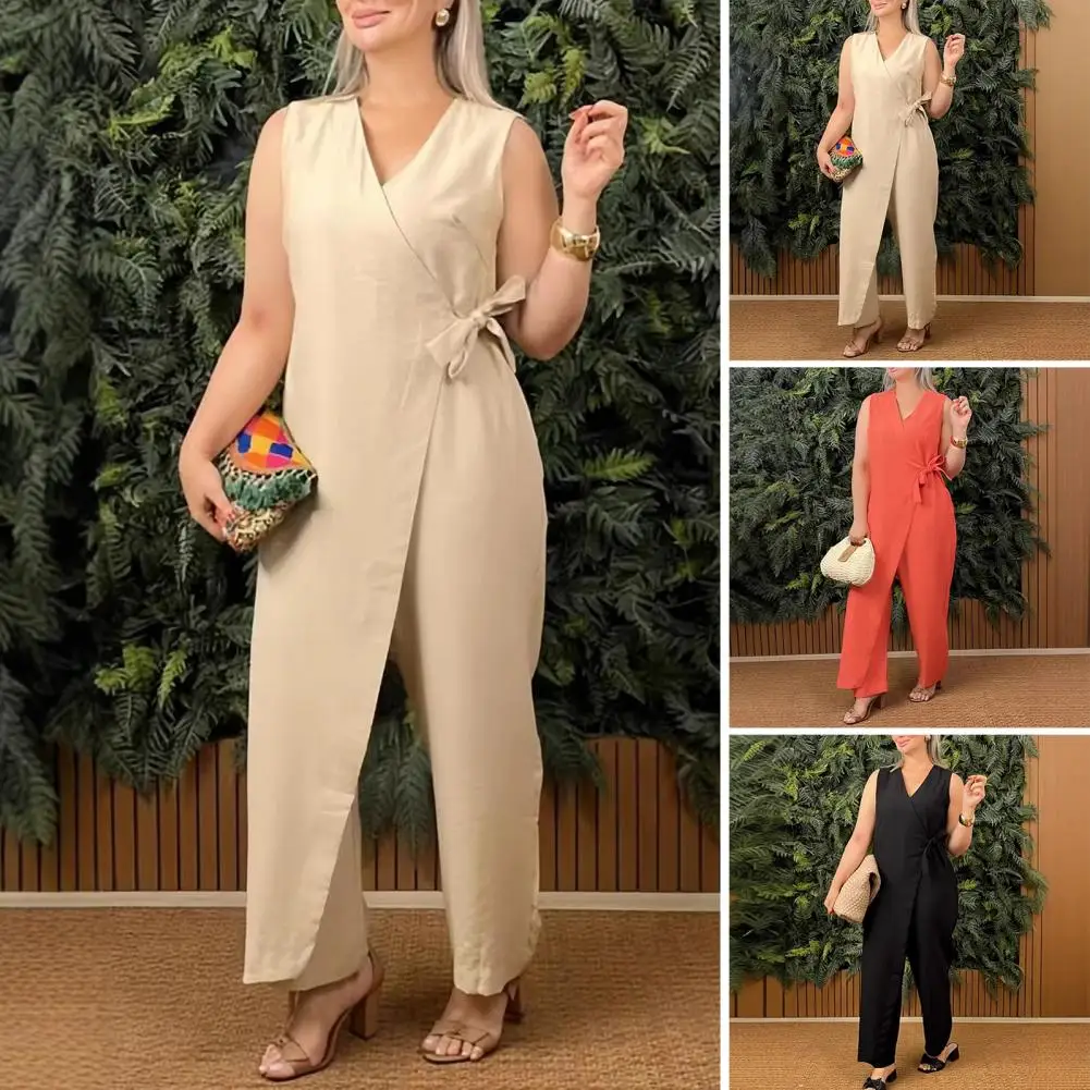 

Women Casual V Neck Jumpsuits One-piece Lace Up Sleeveless Wide Leg Pants Streetwear Overalls Jumpsuit Women Business Outfit