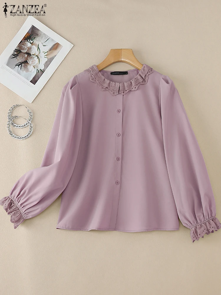 

Women Elegant Long Sleeve Work Blouse 2025 ZANZEA Spring Lace Patchwork Shirts Solid Buttons Tunic Tops Casual Holiday Blusas