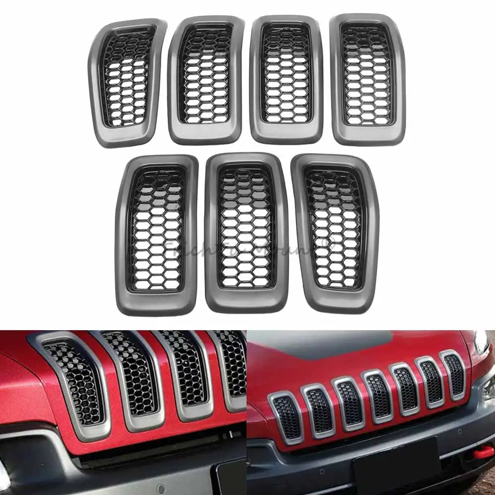 7 Pieces Front Honeycomb-Mesh Grill Suv Front Grille Compatible With Jeep Cherokee 2014-2018 High Quality Abs Plastic Gray Black