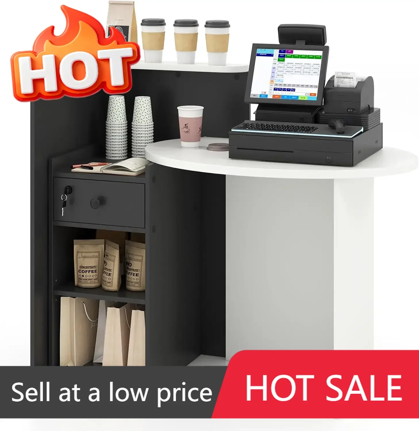 Reception Desk Front Counter Desk with Lockable Drawer Checkout Table with Round Tabletop Corner Shelf Adjustable Shelf