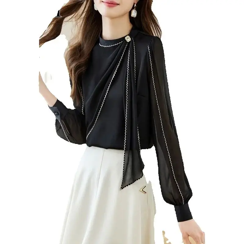 

Womens T-shirt Korean Fashion Puff Long Sleeve Button Down Tunic Blouses Fall Tops 2025 Ruffle Cuffs Dressy Casual Clothing