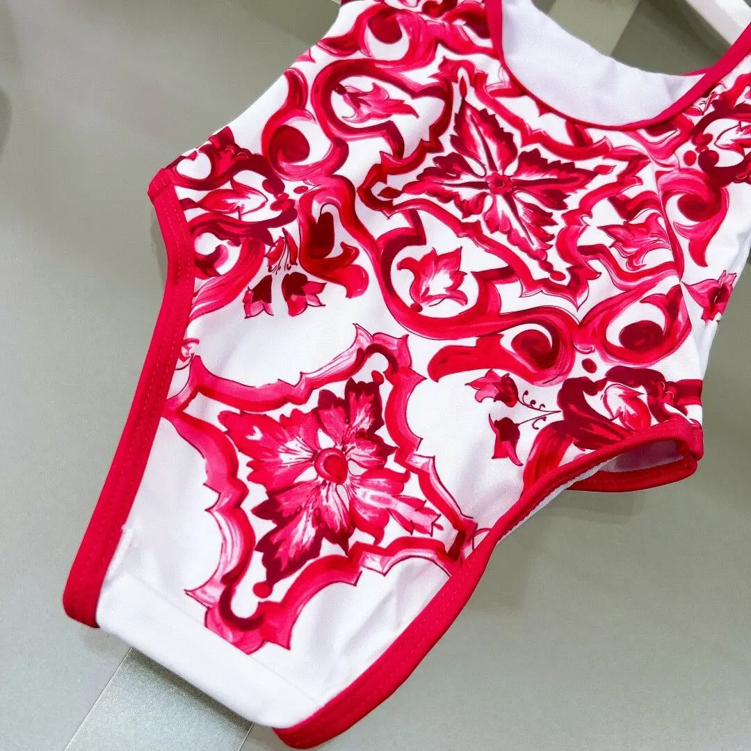 2024 New design girl swimsuit red flower swim wear summer kids beach swimsuit