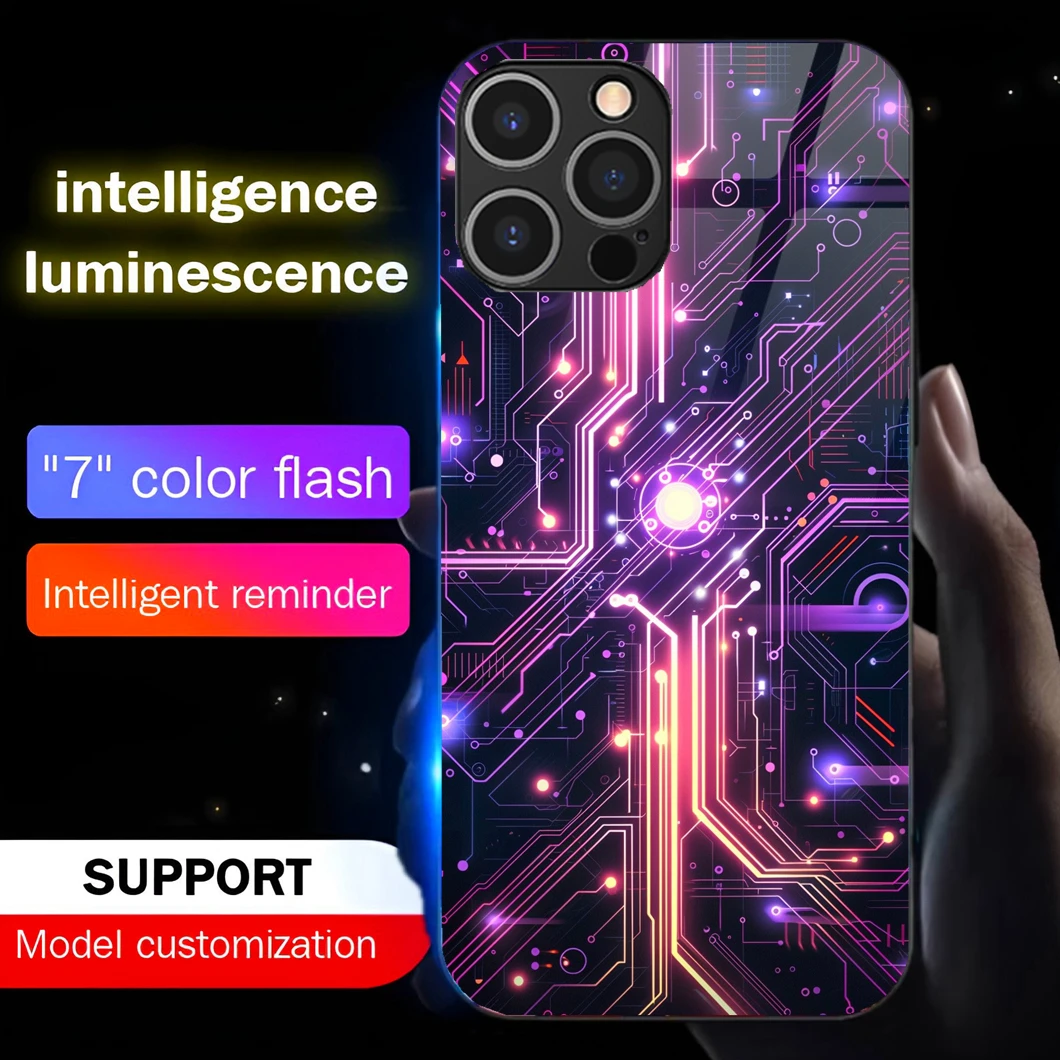 

Luxury Future Chip Pattern Smart LED Light Glow Tempered Glass Phone Case For iPhone 16 E 15 14 13 12 11 Pro Max X XR Plus