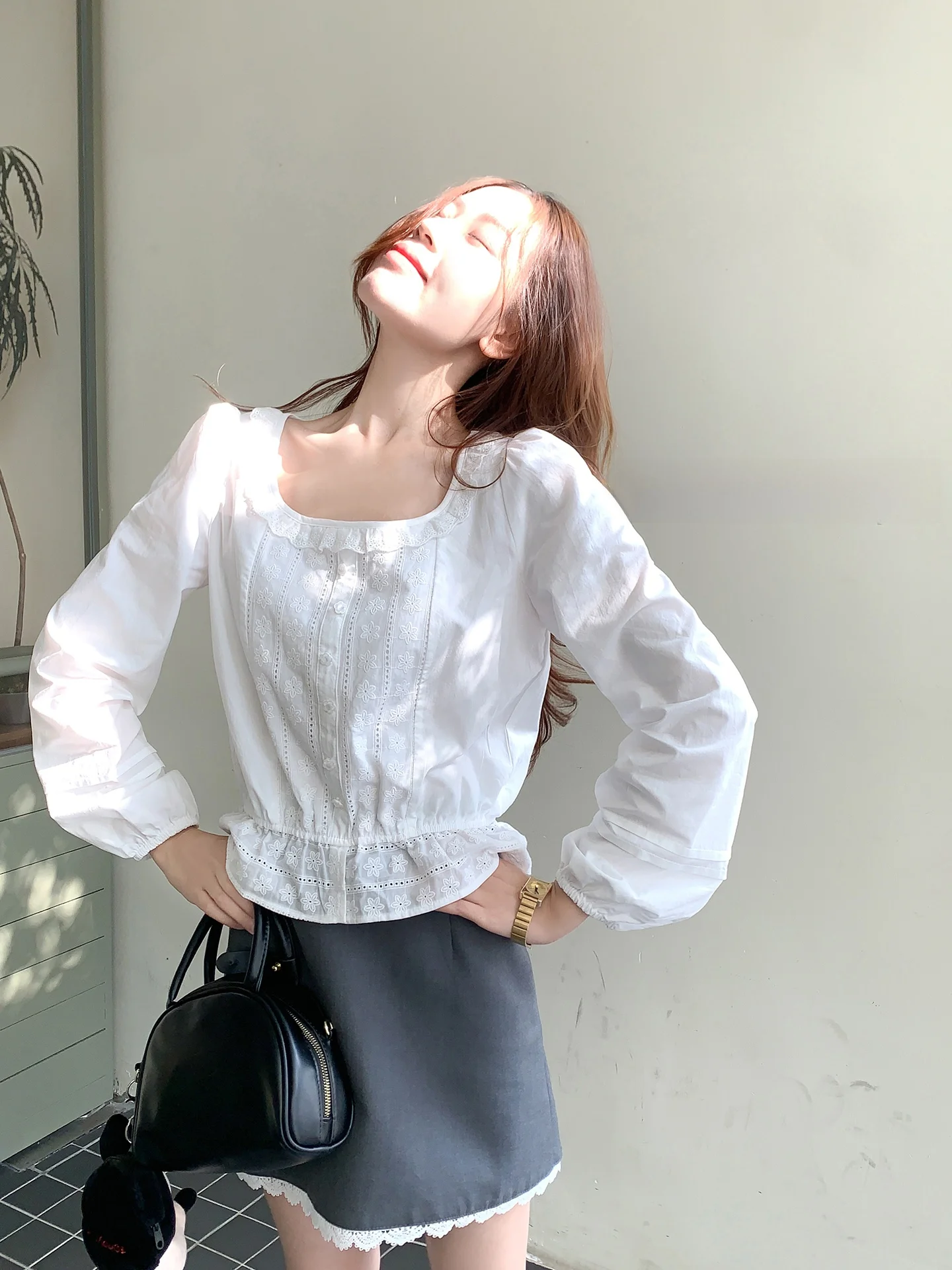 

Korean Sle ort Lace irt Women's Long Sve Square Collar Spring Faion Design Breathable Comfortable Skin-friendly