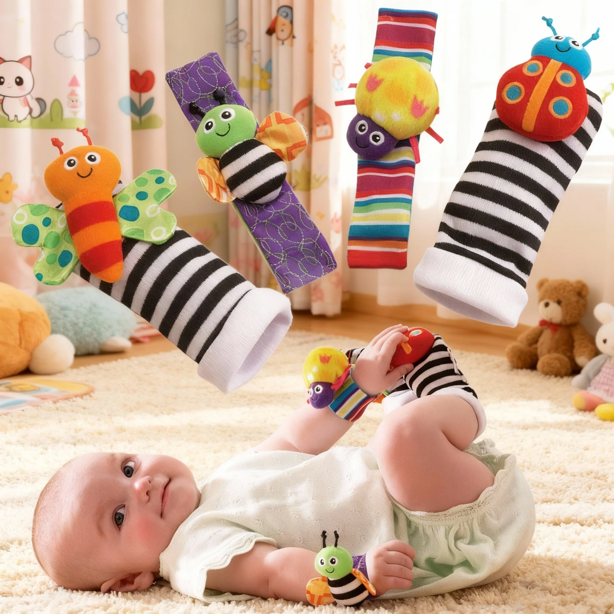 

Новинка: Набор из 4 детских игрушек для малышей 0-12 месяцев: погремушки, носки-погремушки с животными, носки-погремушки на запястье + погремушка-нарукавник, носки-погремушки для малышей на запястье, носки-погремушки для малышей.